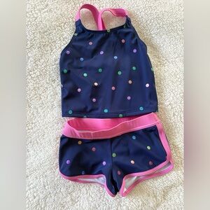 Mini Boden Navy Polka Dot Tankini with Pink Trim